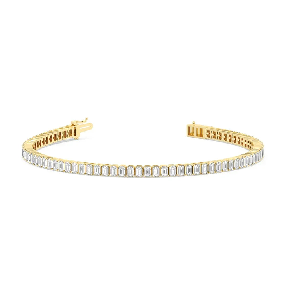 7 inch emerald lab diamond tennis bracelet in 14K yellow gold with open clasp from Delux Jewelry
