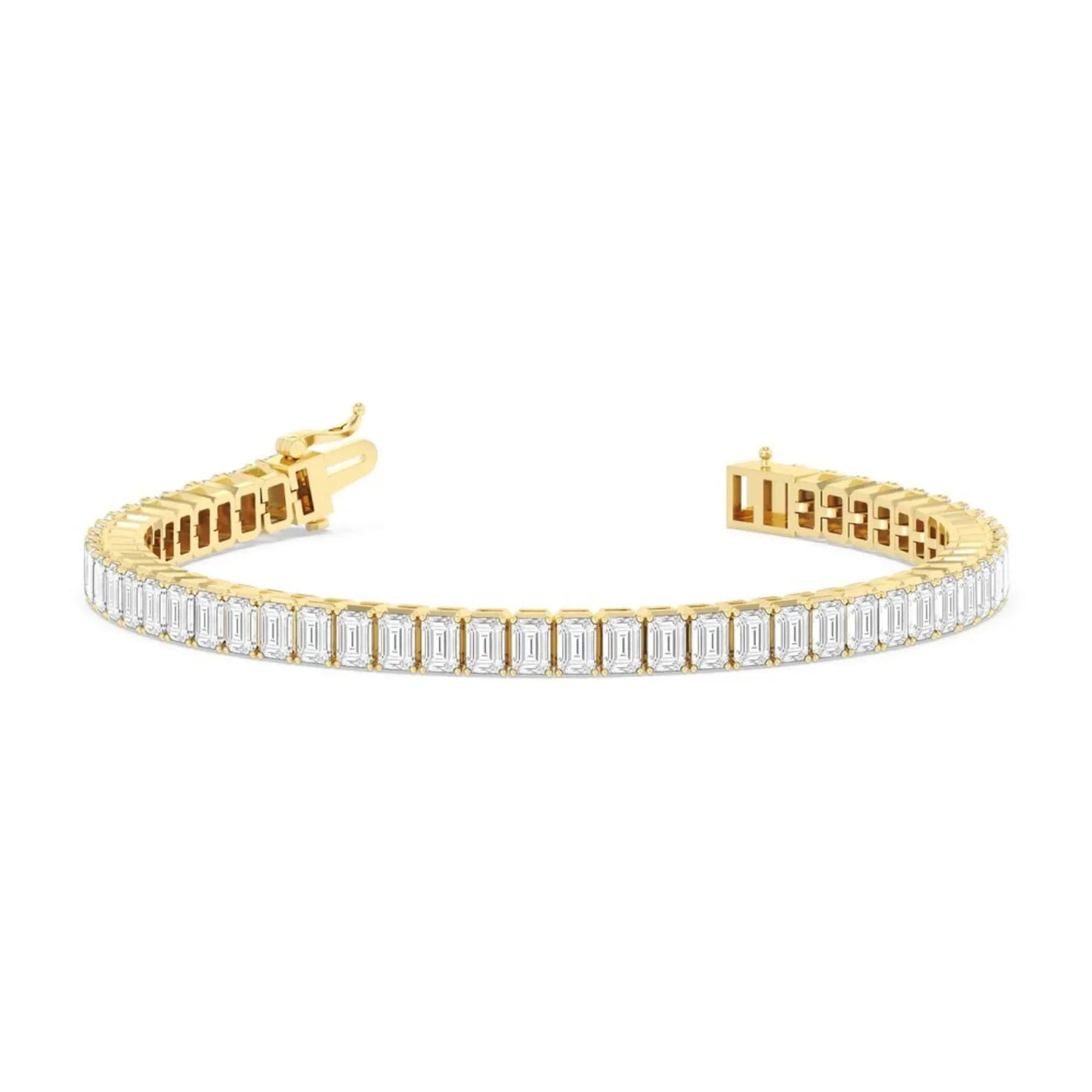 7 inch emerald cut lab diamond tennis bracelet in 14K yellow gold with open clasp