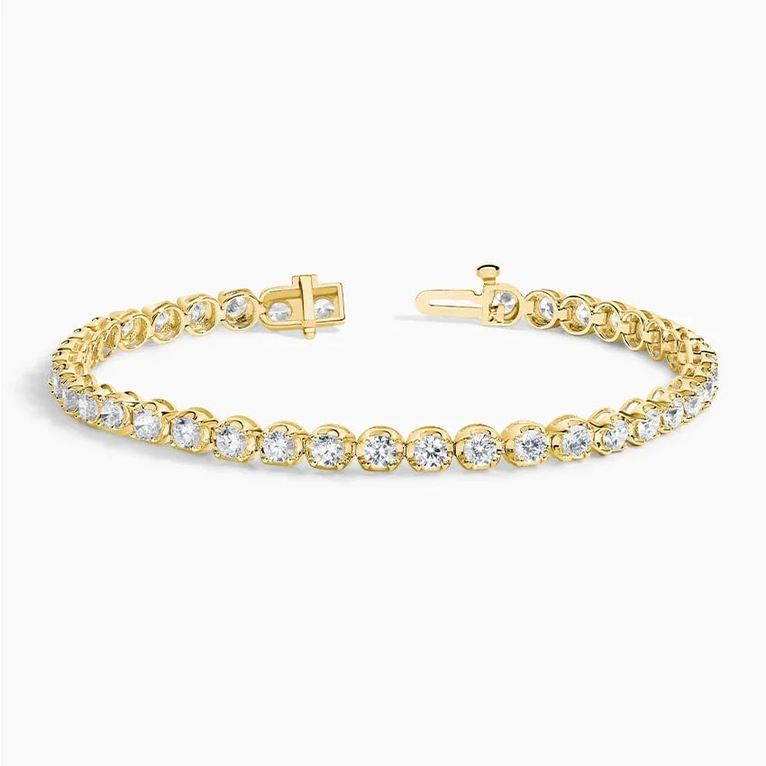 14K yellow gold lab grown diamond tennis bracelet with open clasp on white background