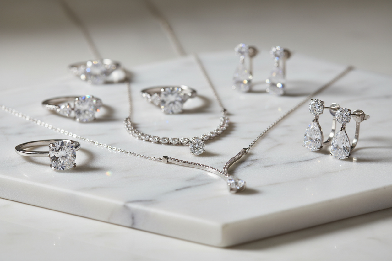 Lab grown diamond rings, necklaces, and earrings on marble, Delux Jewelry collection display