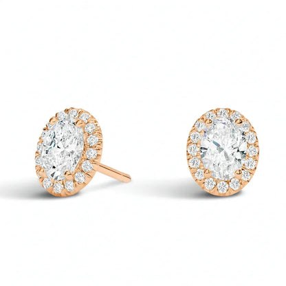 Oval lab grown diamond halo stud earrings in rose gold setting by Delux Jewelry