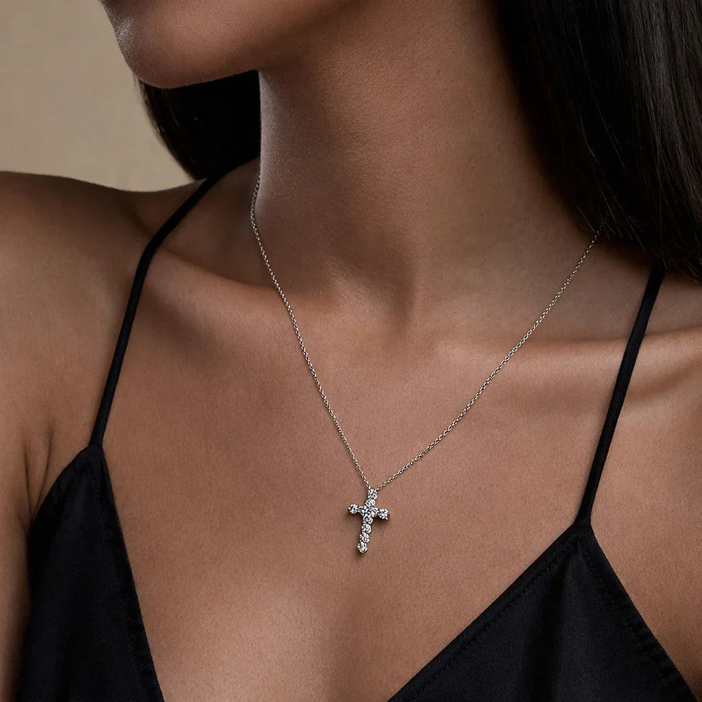 Lab grown diamond cross pendant necklace on model, Delux Jewelry fine diamond accessory