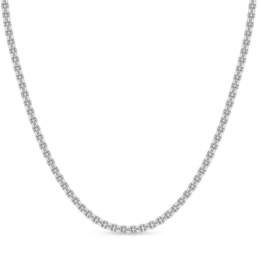 Emerald lab diamond tennis necklace in 14K white gold from Delux Jewelry on white background
