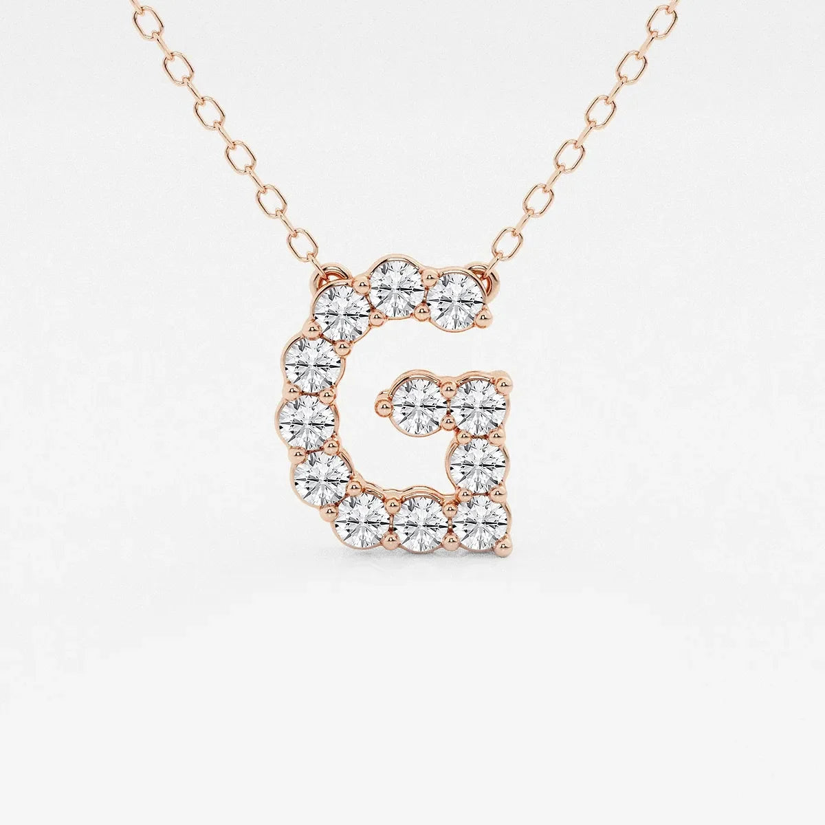 Rose gold necklace with initial G pendant featuring round lab grown diamonds, Delux Jewelry