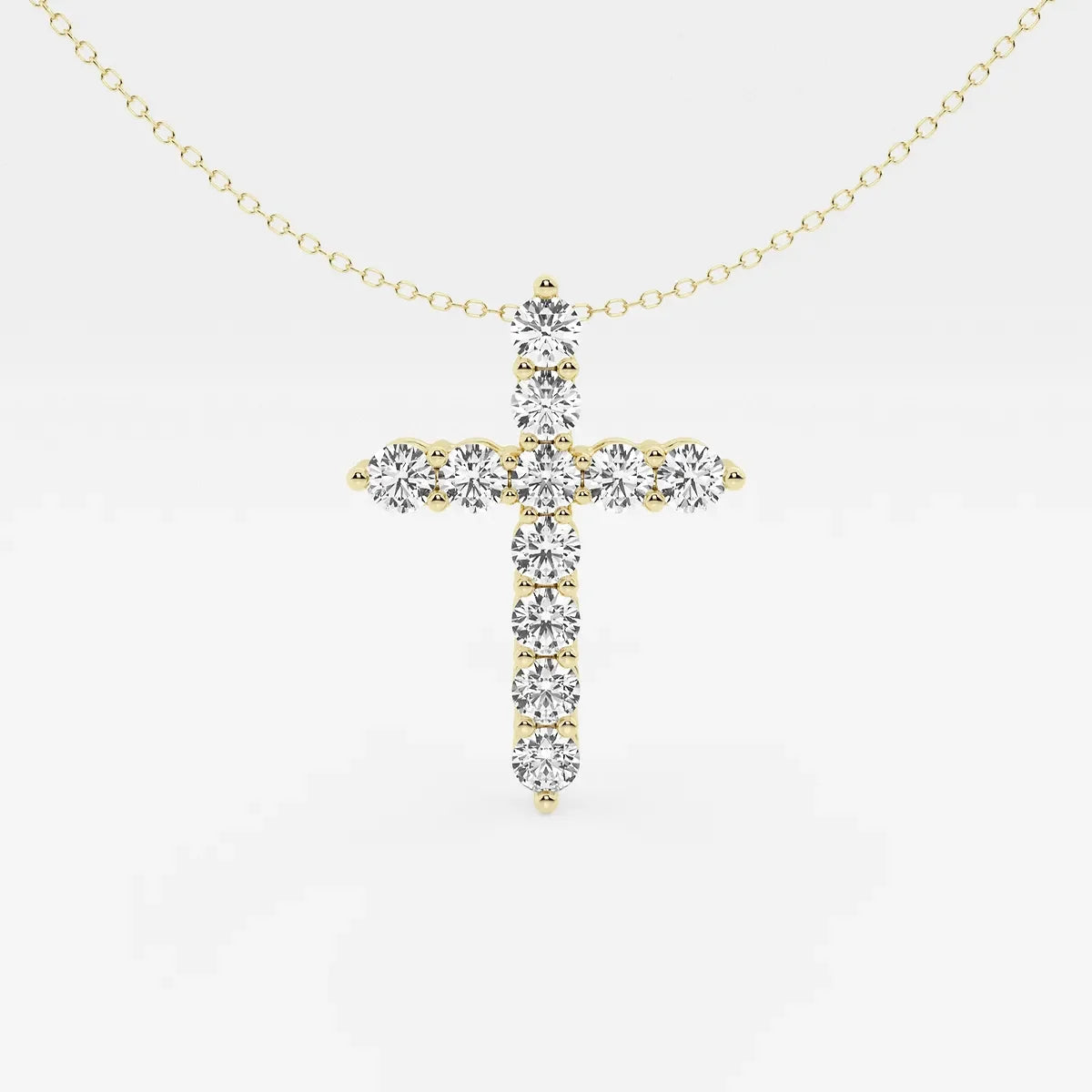 Yellow gold cross pendant necklace with lab grown diamonds on a fine chain, Delux Jewelry