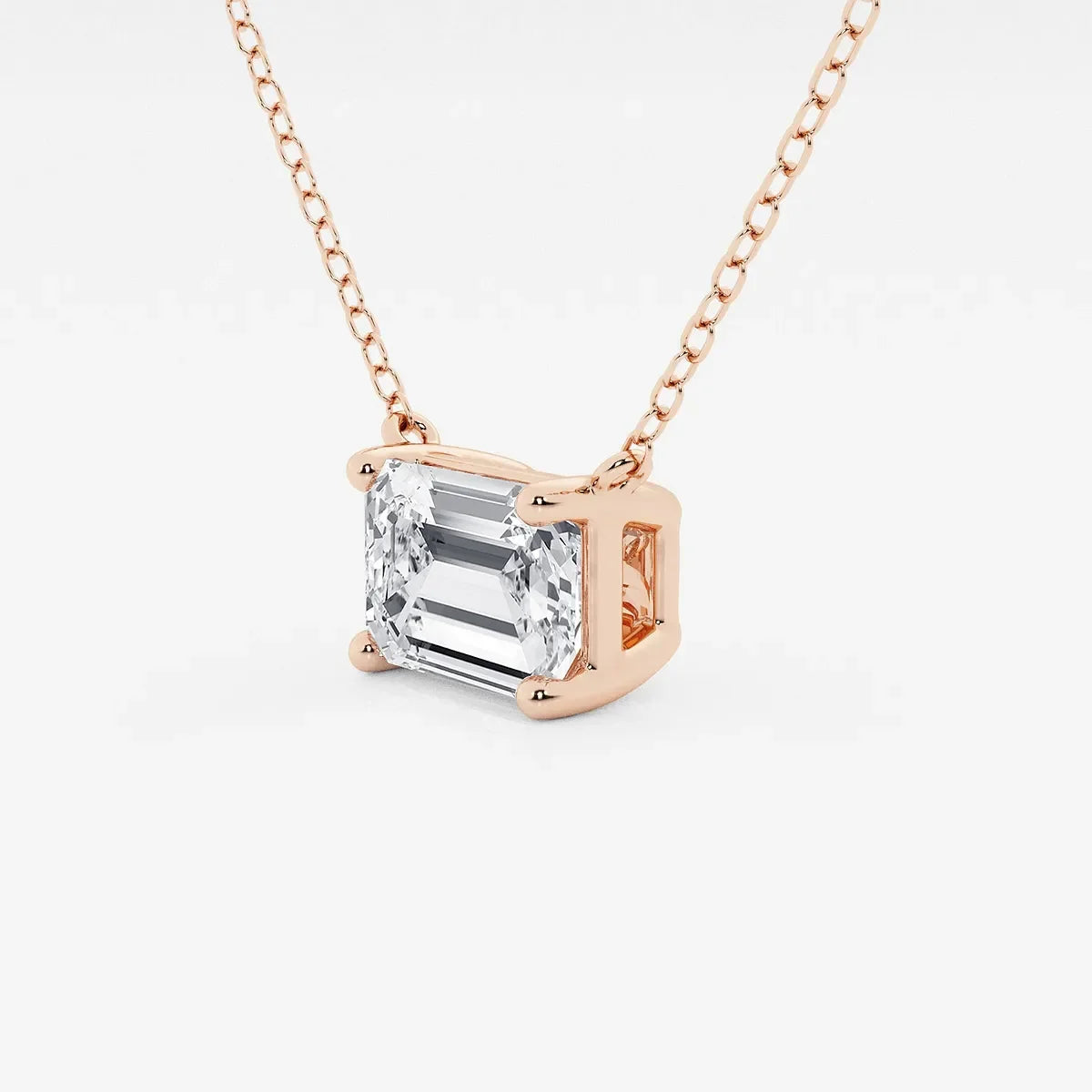 Emerald cut lab grown diamond pendant in rose gold on delicate chain, Delux Jewelry