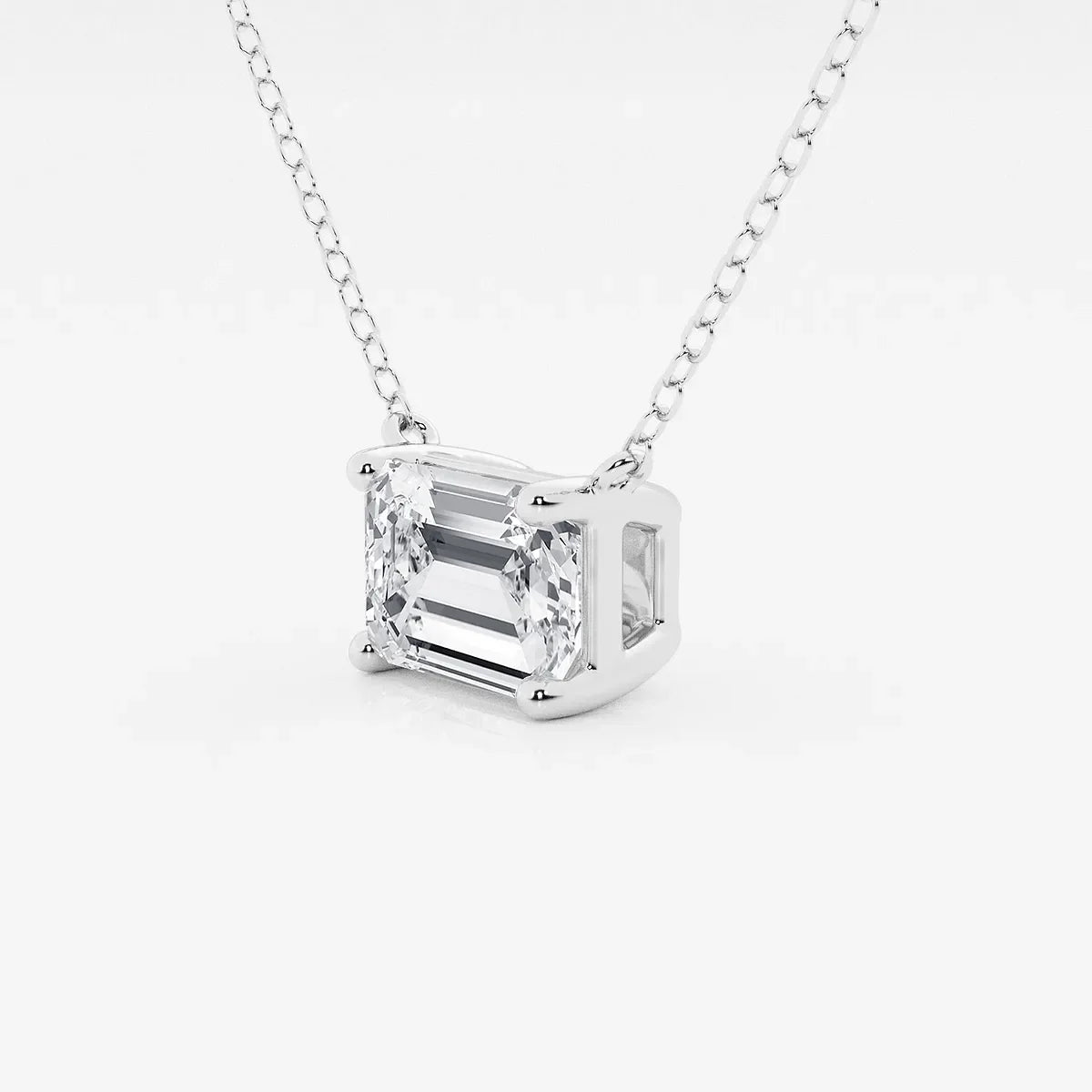 Emerald cut lab grown diamond pendant in white gold on chain, Delux Jewelry