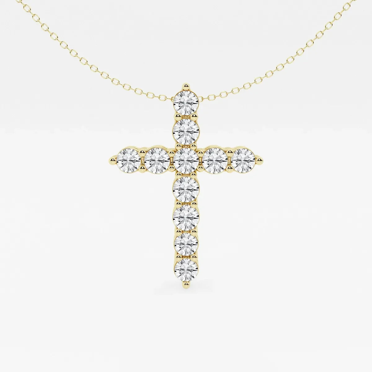 Yellow gold cross pendant necklace with round lab grown diamonds on a fine chain, Delux Jewelry