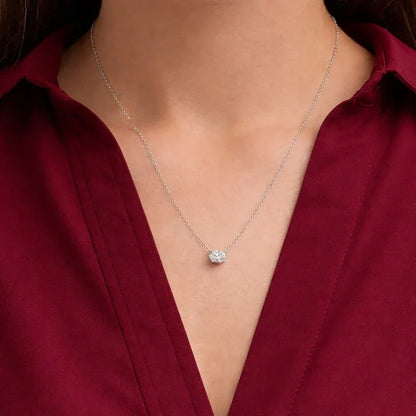Lab grown diamond pendant necklace on woman in red blouse, Delux Jewelry fine jewelry