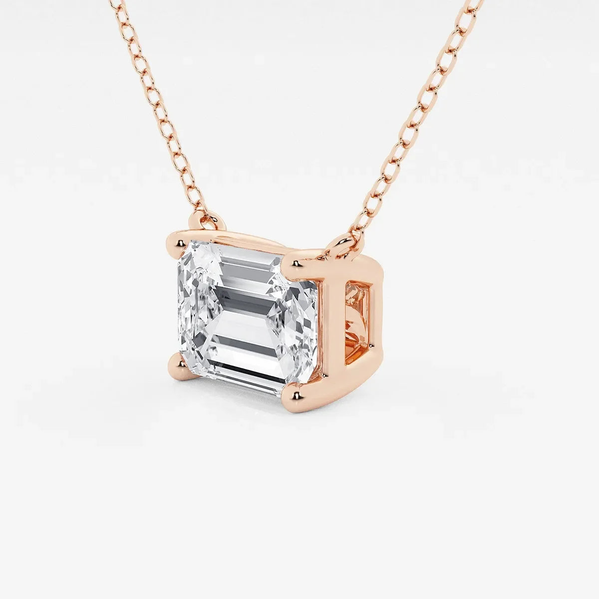 Rose gold pendant necklace with emerald cut lab grown diamond on delicate chain, Delux Jewelry