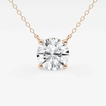 Rose gold necklace with round lab grown diamond pendant on white background