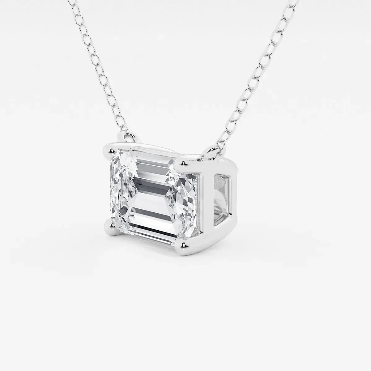 Emerald cut lab grown diamond pendant in white gold on chain, Delux Jewelry