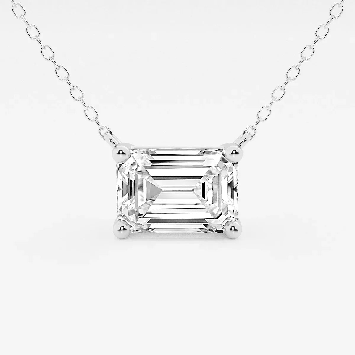 Emerald cut lab grown diamond pendant in white gold on delicate chain, Delux Jewelry