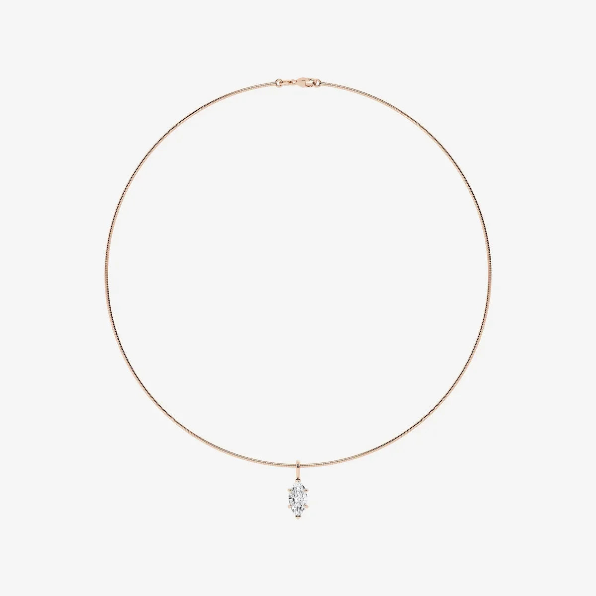 Rose gold necklace with marquise lab grown diamond pendant on white background, Delux Jewelry