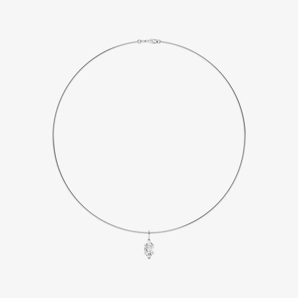 White gold necklace with marquise lab grown diamond pendant on a plain background