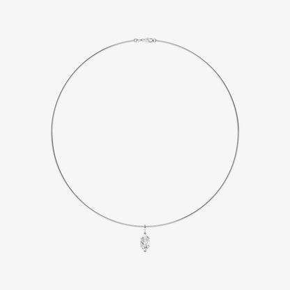 White gold necklace with marquise lab grown diamond pendant on a plain background