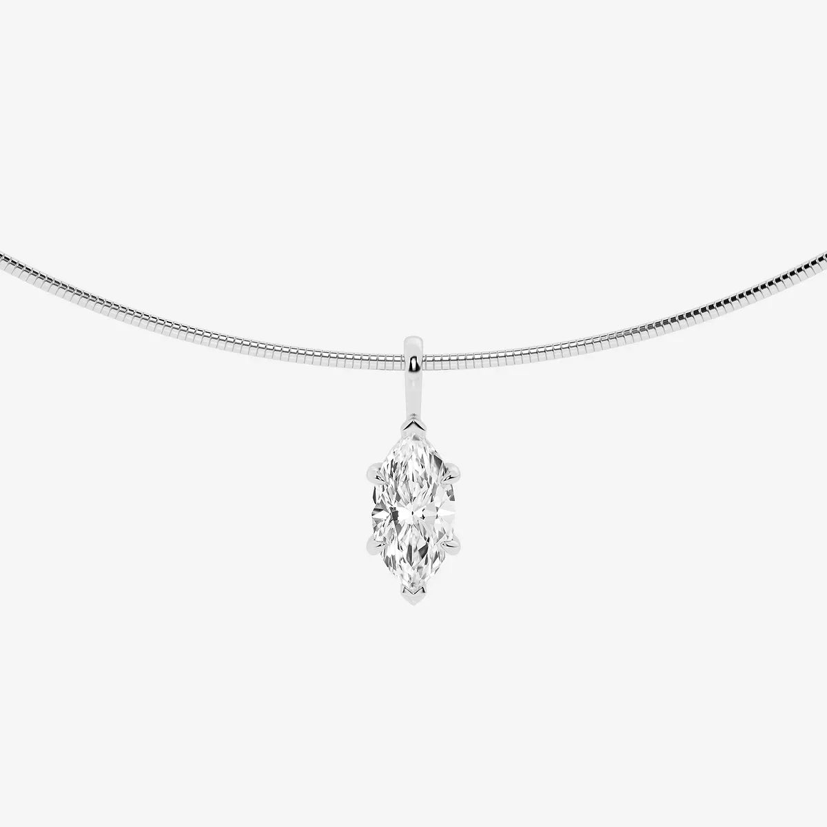 White gold necklace with marquise-cut lab grown diamond pendant on plain background