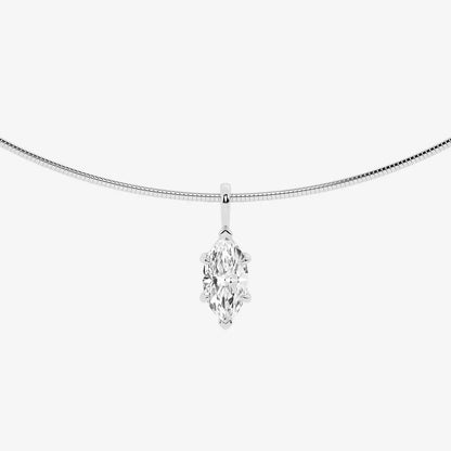 White gold necklace with marquise-cut lab grown diamond pendant on plain background