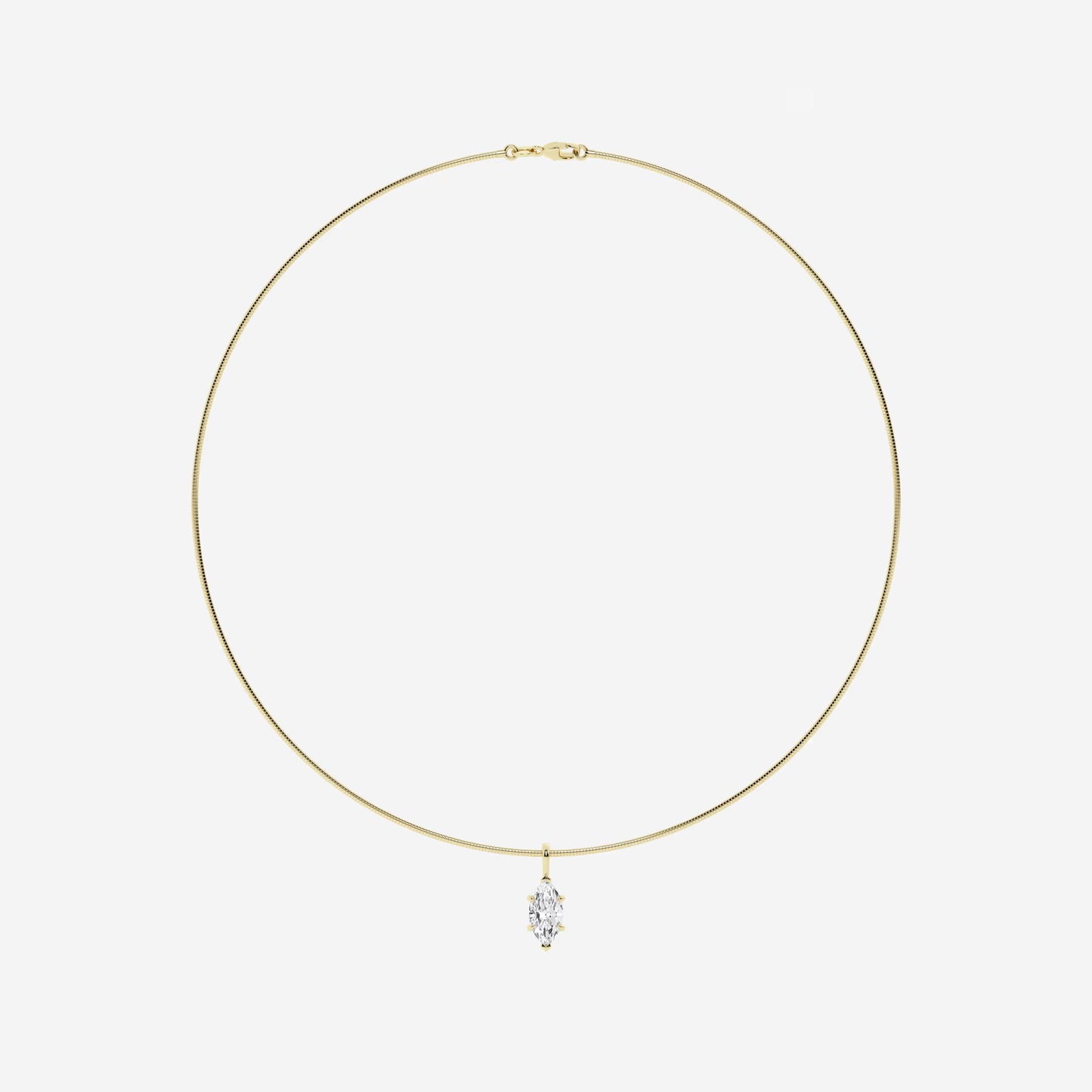 Yellow gold necklace with marquise cut lab grown diamond pendant on white background