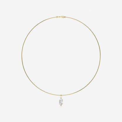 Yellow gold necklace with marquise cut lab grown diamond pendant on white background