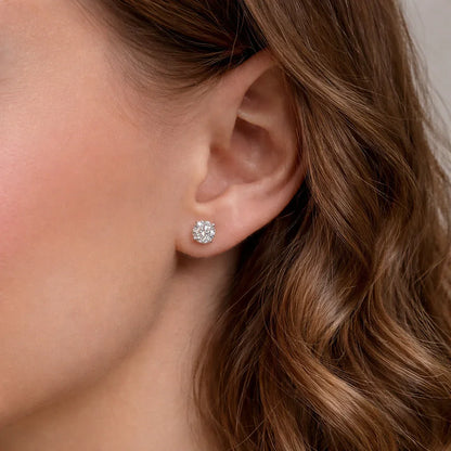 Close-up of a woman's ear wearing a lab grown diamond stud earring from Delux Jewelry