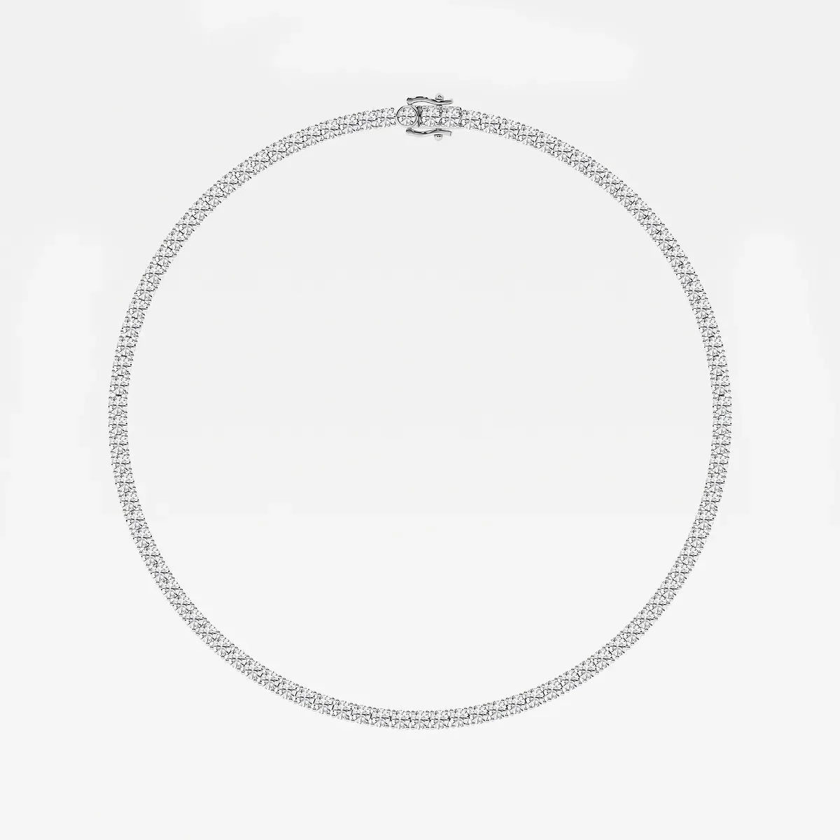 Sterling silver tennis chain necklace with lab grown diamonds on white background, Delux Jewelry
