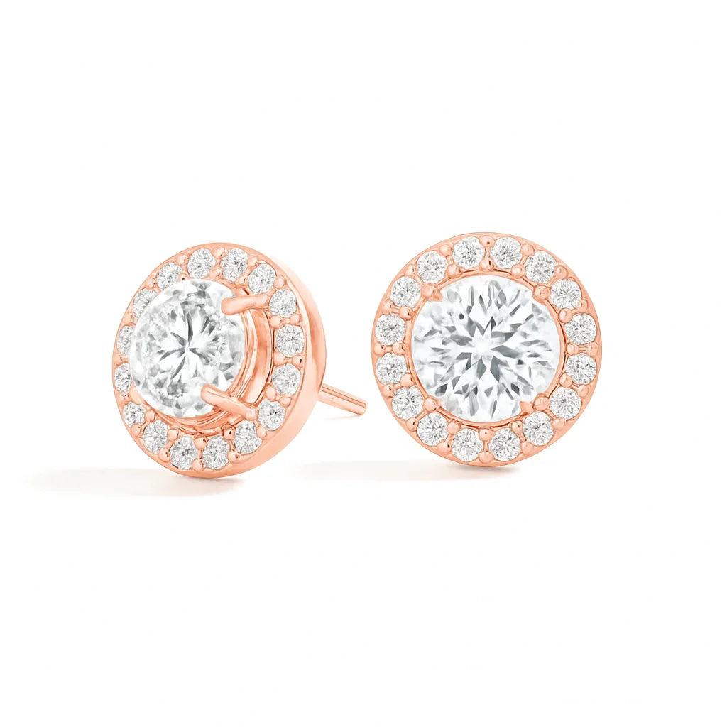 Rose gold halo stud earrings with round lab grown diamonds from Delux Jewelry