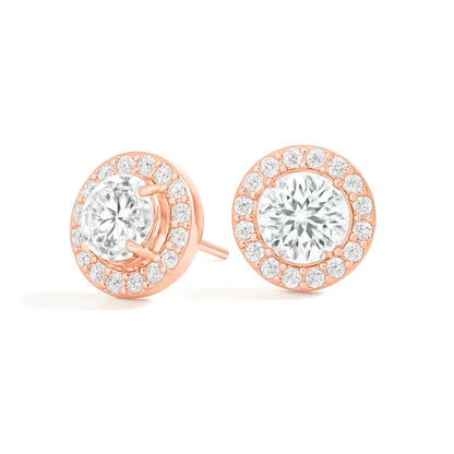 Rose gold halo stud earrings with round lab grown diamonds from Delux Jewelry