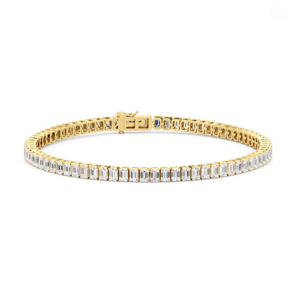 7 inch yellow gold tennis bracelet with lab grown emerald cut diamonds by Delux Jewelry