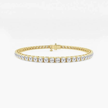 Yellow gold lab grown diamond tennis bracelet on white background, Delux Jewelry