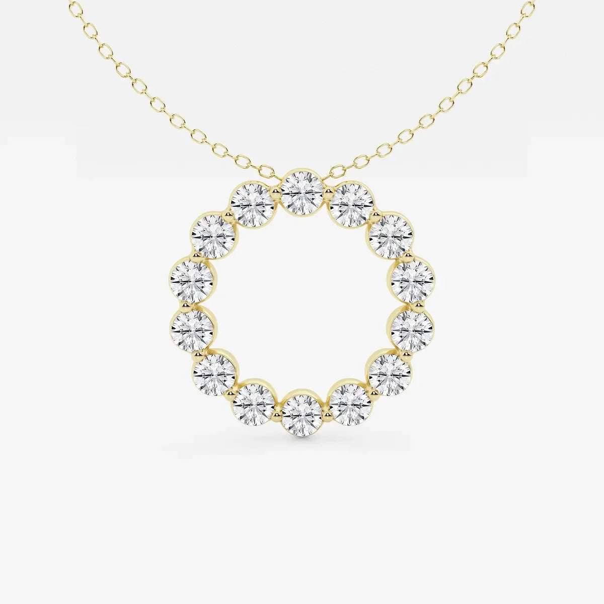Yellow gold circle pendant necklace with lab grown diamonds on delicate chain, Delux Jewelry