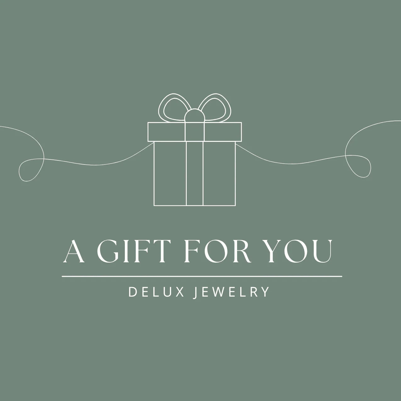 Delux Jewelry gift card with outlined gift box, elegant green background, and text 'A Gift For You'.