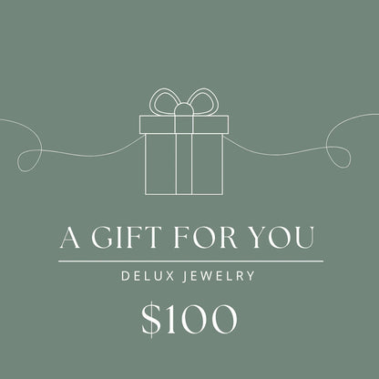 Delux Jewelry $100 gift card with minimalist gift box illustration on green background
