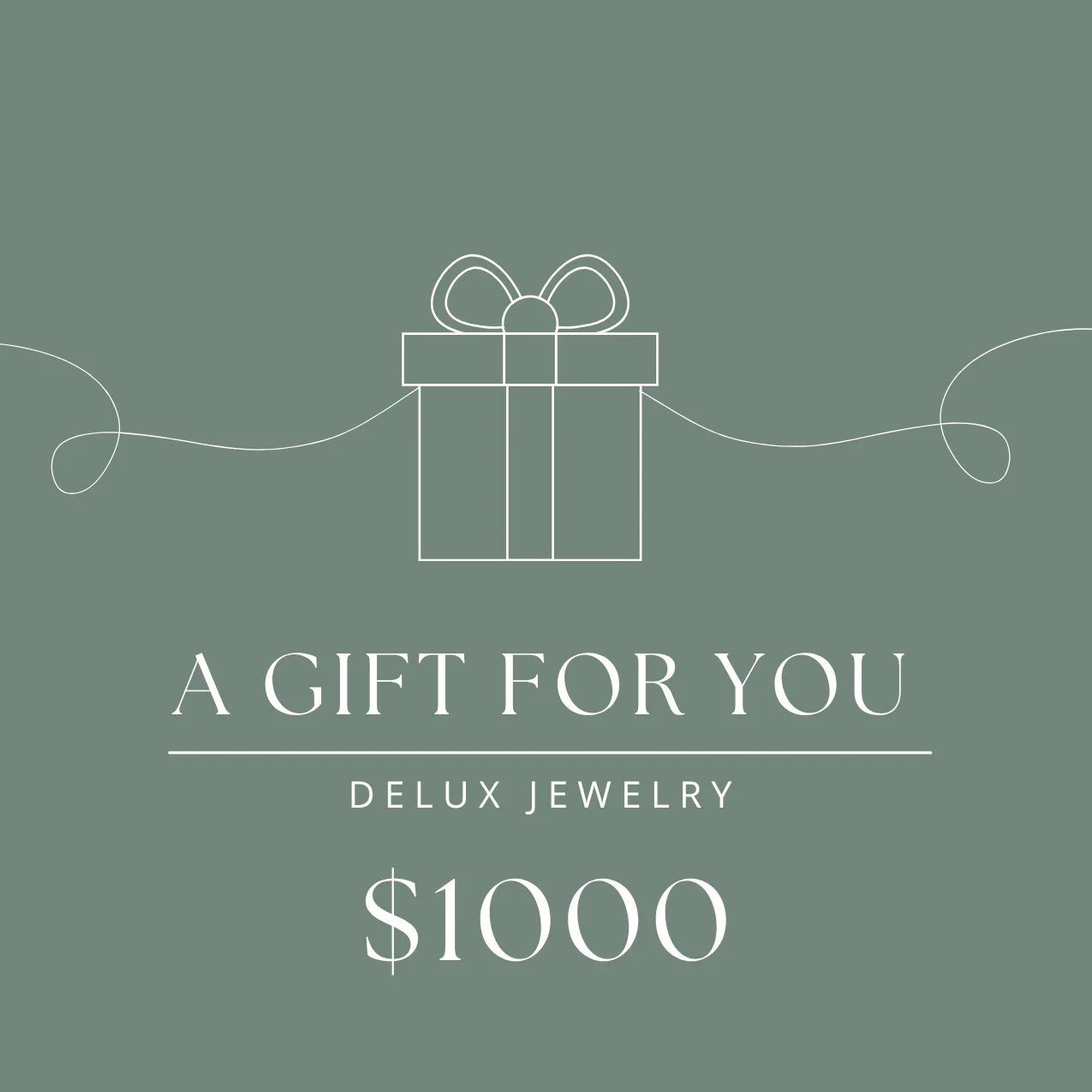 Delux Jewelry $1000 gift card with minimalist gift box and elegant text on green background