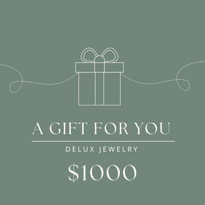 Delux Jewelry $1000 gift card with minimalist gift box and elegant text on green background