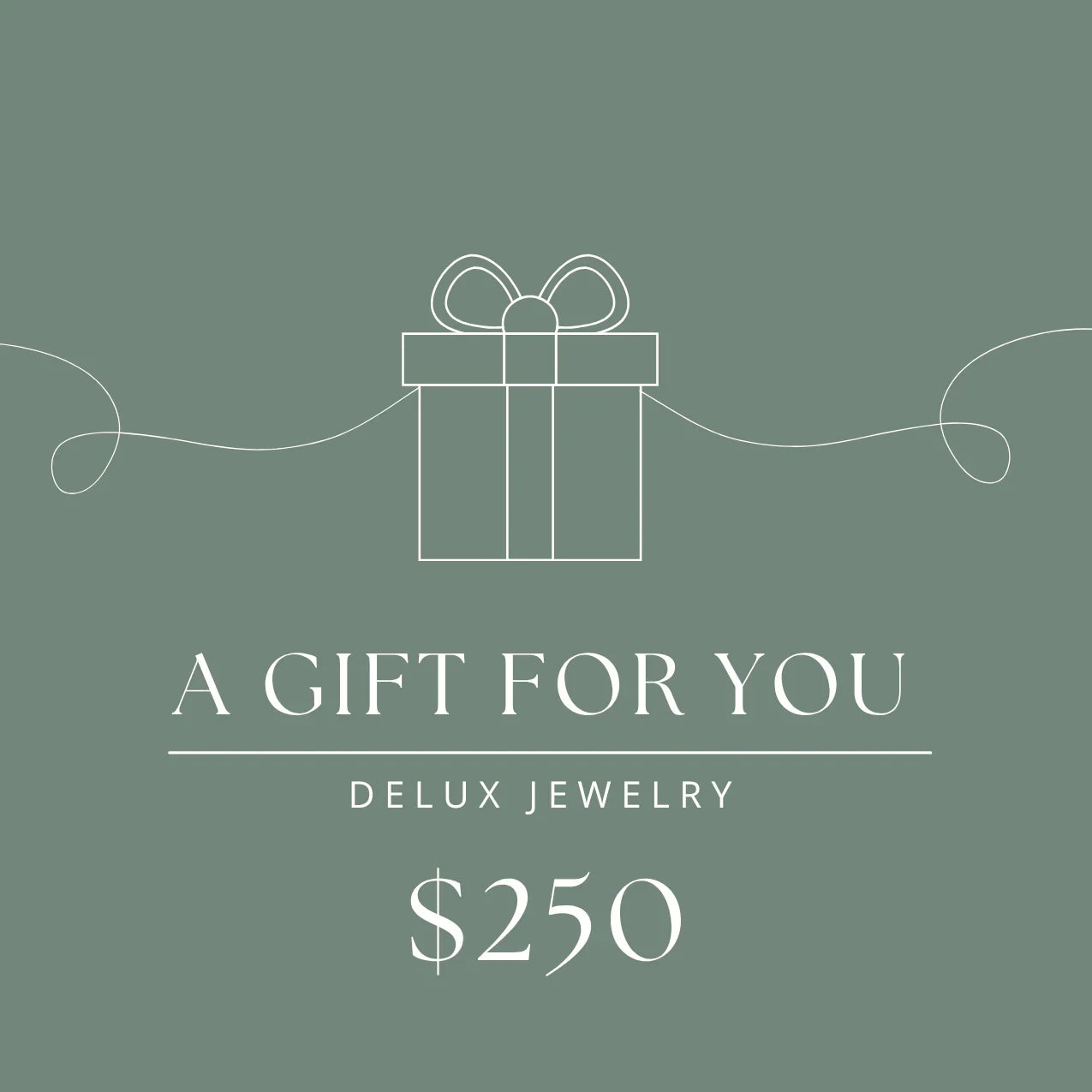 Delux Jewelry $250 gift card with minimalist gift box design on green background