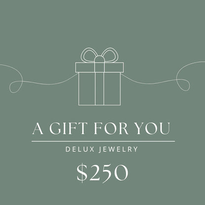 Delux Jewelry $250 gift card with minimalist gift box design on green background