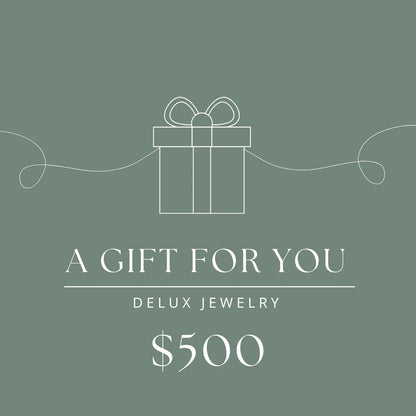 Delux Jewelry $500 gift card with outlined gift box on green background