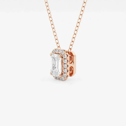 Rose gold lab grown diamond emerald halo pendant necklace from Delux Jewelry