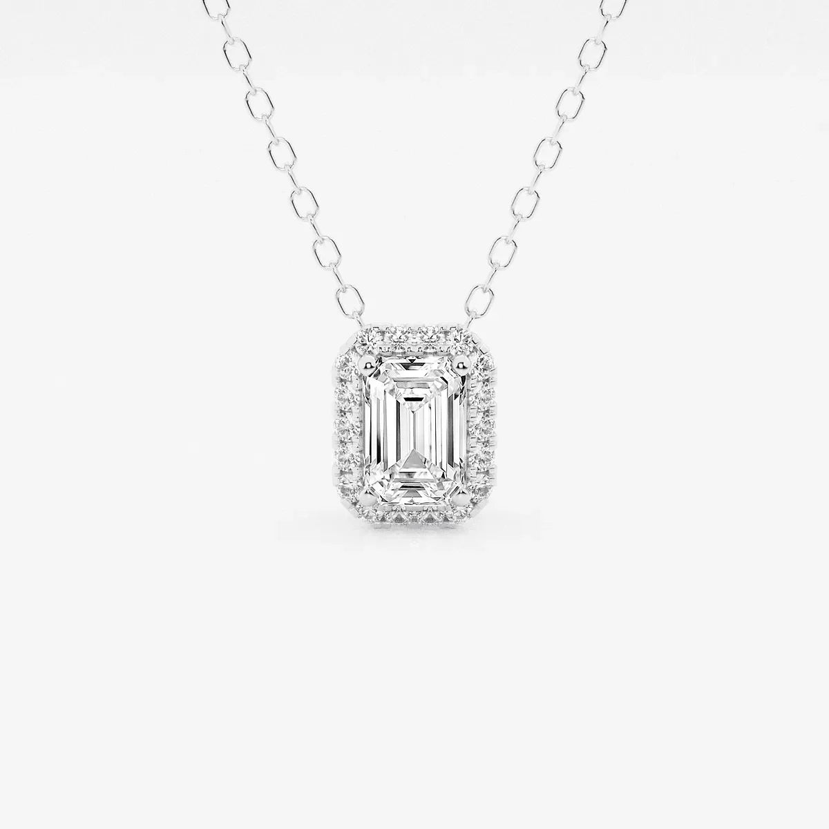 White gold necklace with emerald-cut lab grown diamond halo pendant, Delux Jewelry