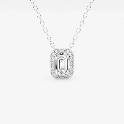 White gold necklace with emerald-cut lab grown diamond halo pendant, Delux Jewelry