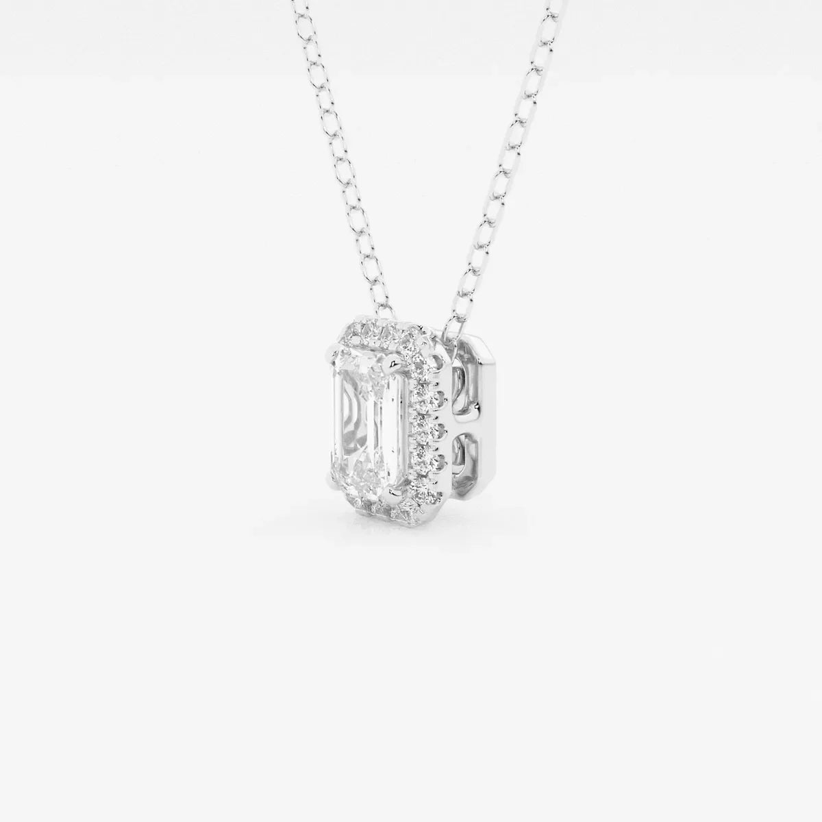 Emerald cut lab grown diamond halo pendant in white gold on chain, Delux Jewelry