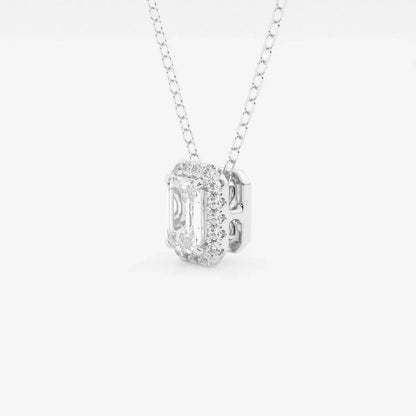 Emerald cut lab grown diamond halo pendant in white gold on chain, Delux Jewelry
