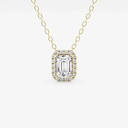 Emerald cut lab diamond halo pendant in yellow gold on chain, Delux Jewelry