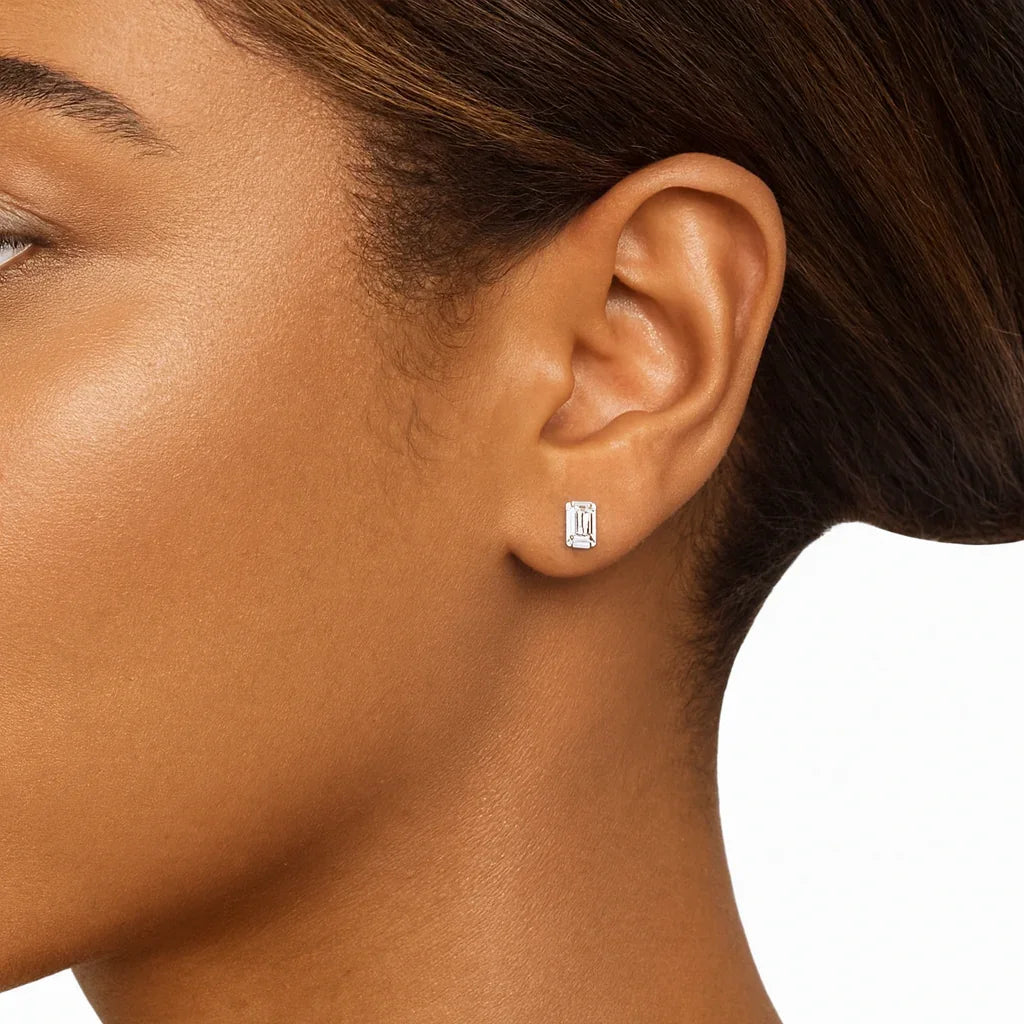 Emerald lab grown diamond stud earring in 14K white gold worn on model, Delux Jewelry
