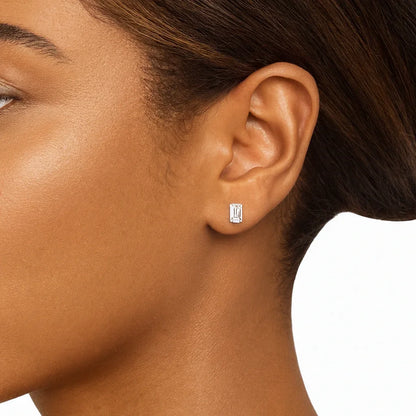 Emerald lab grown diamond stud earring in 14K white gold worn on model, Delux Jewelry