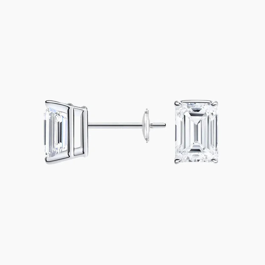 Emerald cut lab diamond stud earrings in 14K white gold from Delux Jewelry on white background