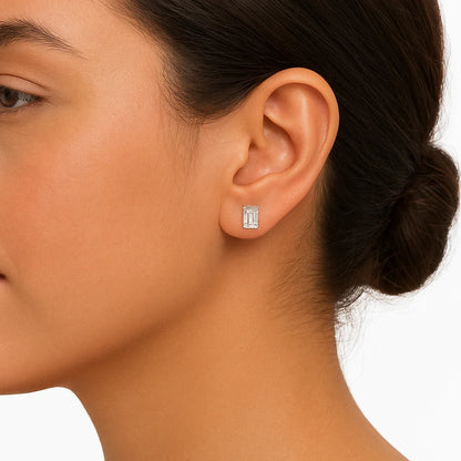 Emerald lab diamond stud earring in 14K yellow gold worn, Delux Jewelry