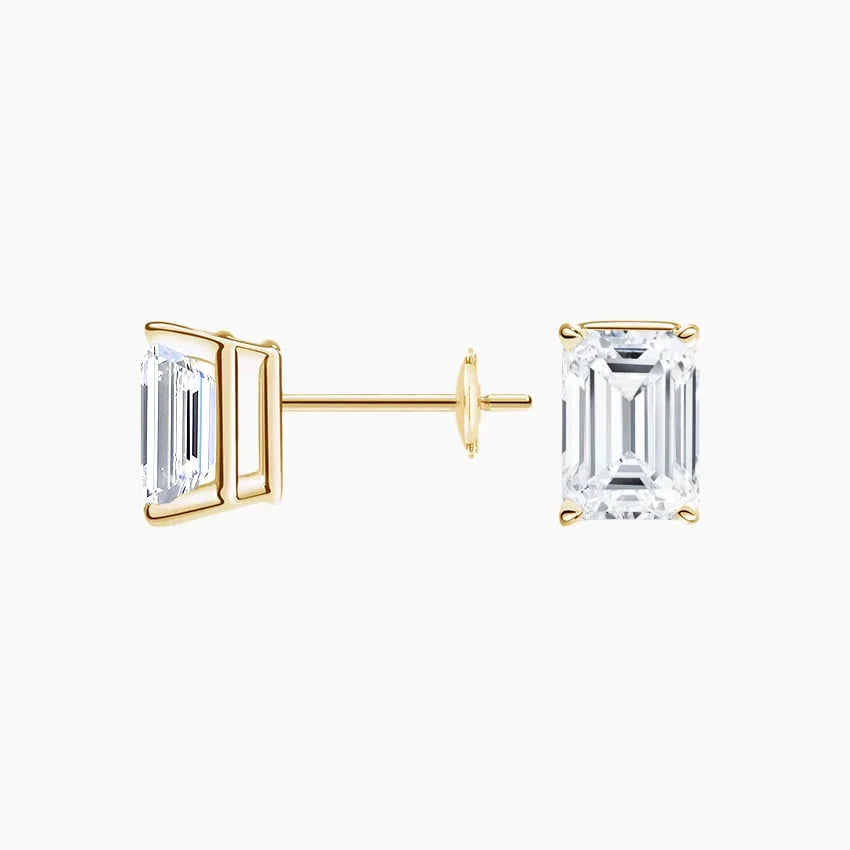 Emerald cut lab diamond stud earrings in 14K yellow gold by Delux Jewelry