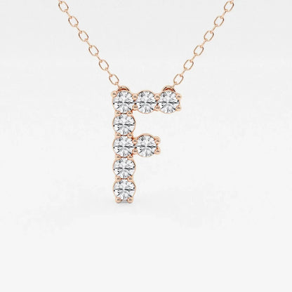 Rose gold pendant necklace with letter F in lab grown diamonds, Delux Jewelry.